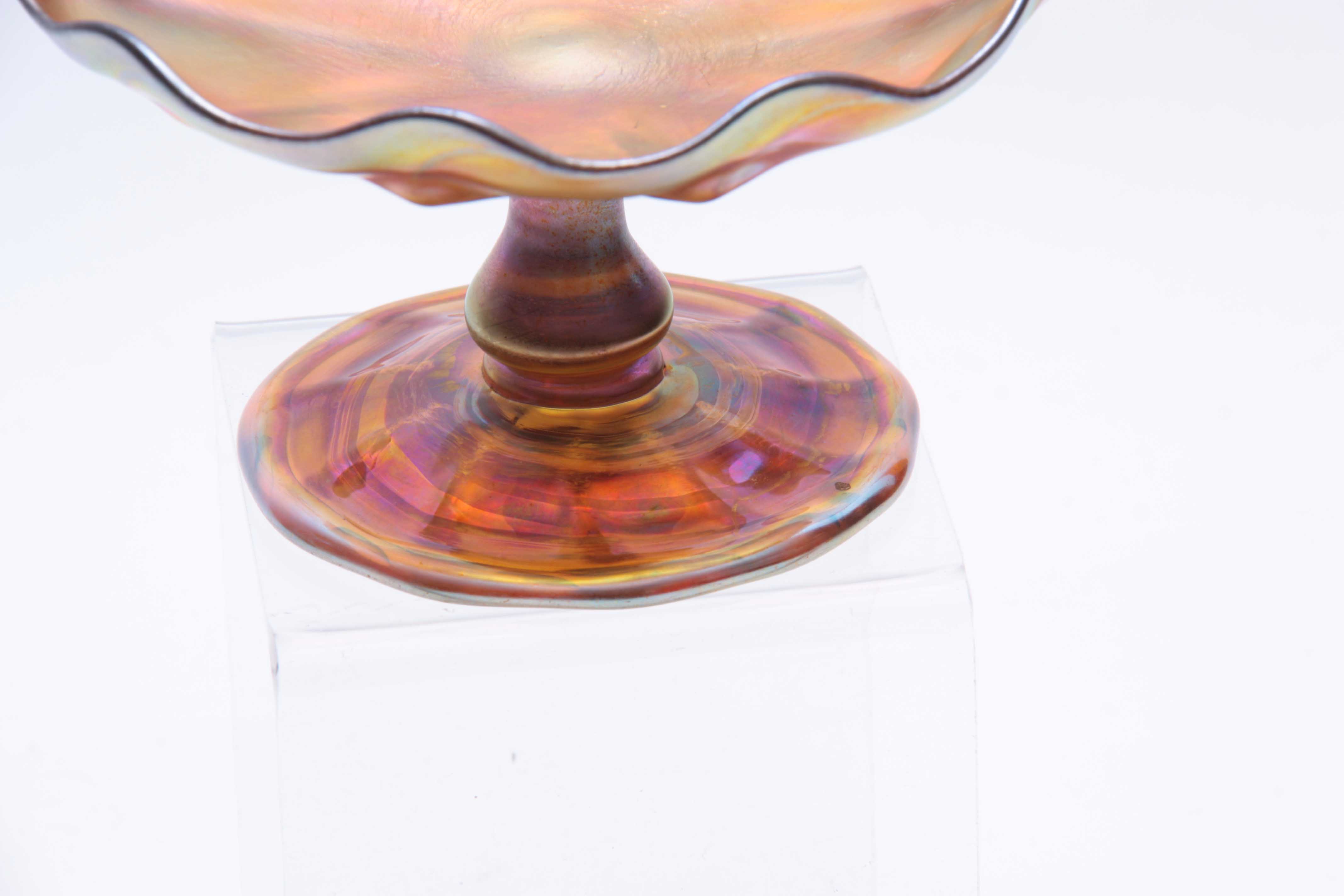 A TIFFANY, FAVRILE IRIDESCENT GLASS FOOTED COMPOTE with baluster stem, panelled foot and bowl with - Image 3 of 4