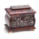 AN EARLY 19TH CENTURY MOTHER OF PEARL INLAID TORTOISESHELL PAGODA SHAPED TEA CADDY decorated with