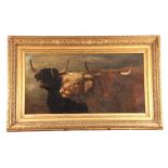 JOSEPH DENOVAN ADAM d. 1916. LARGE OIL ON CANVAS. Three highland cattle, 64.4cm high, 126cm wide -