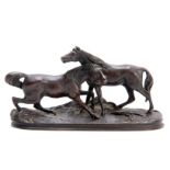 AFTER P. J. MENE, A 19TH CENTURY MINIATURE BRONZE GROUP depicting two horses - signed 14cm wide.