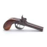 A 19th CENTURY DOUBLE BARREL PERCUSION POCKET PISTOL having separated barrels and walnut grip 19cm