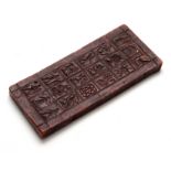 AN OLD EUROPEAN RED WAX SPRINGERLE MOLD depicting birds, flowers, figures, etc. 22.5cm high, 10cm