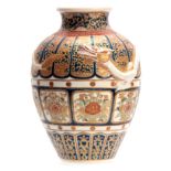 A SATSUMA OVOID CABINET VASE having relief moulded dragons and decorated with figure panels of