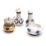 A MACINTYRE BURSLEM FLORIAN WARE MATCHED THREE PIECE CONDIMENT SET comprising a pair of