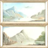 MARTIN T WOOD A PAIR OF OILS ON PORCELAIN PLAQUES mountainous river scenes with steamer and other