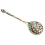A RUSSIAN CLOISONNE ENAMEL AND SILVER GILT SPOON, stamped - 88, TM. 18.5cm long.