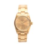 A MID-SIZE 18ct YELLOW GOLD ROLEX OYSTER PERPETUAL WRIST WATCH on 18ct gold oyster bracelet, the
