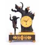 BAETONS, LONDON. A REGENCY BRONZE AND ORMOLU ENGLISH FUSEE MANTEL CLOCK modelled as cupid besides