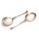 A PAIR OF SILVER AURICULAR SPOONS POSSIBLY AMERICAN with oval rat-tail bowl and pyramidal foliate