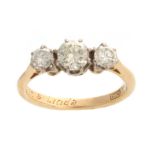 AN 18CT YELLOW GOLD STRAIGHT CLAW SET THREE STONE DIAMOND RING approx 1ct together