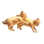 A 15CT GOLD AND PEARL CAT BROOCH having two cats playing with a ball - tested 15ct gold 3cm wide.