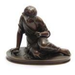 AN ART NOUVEAU STYLE FRENCH BRONZE SCULPTURE OF A SEMI NAKED FEMALE FEEDING A LIZARD 23cm wide