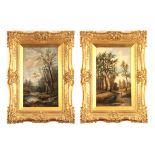 GEORGE HALLER. A PAIR OF 19th CENTURY OILS ON CANVAS. Woodland scenes 50cm high, 29.5cm wide -