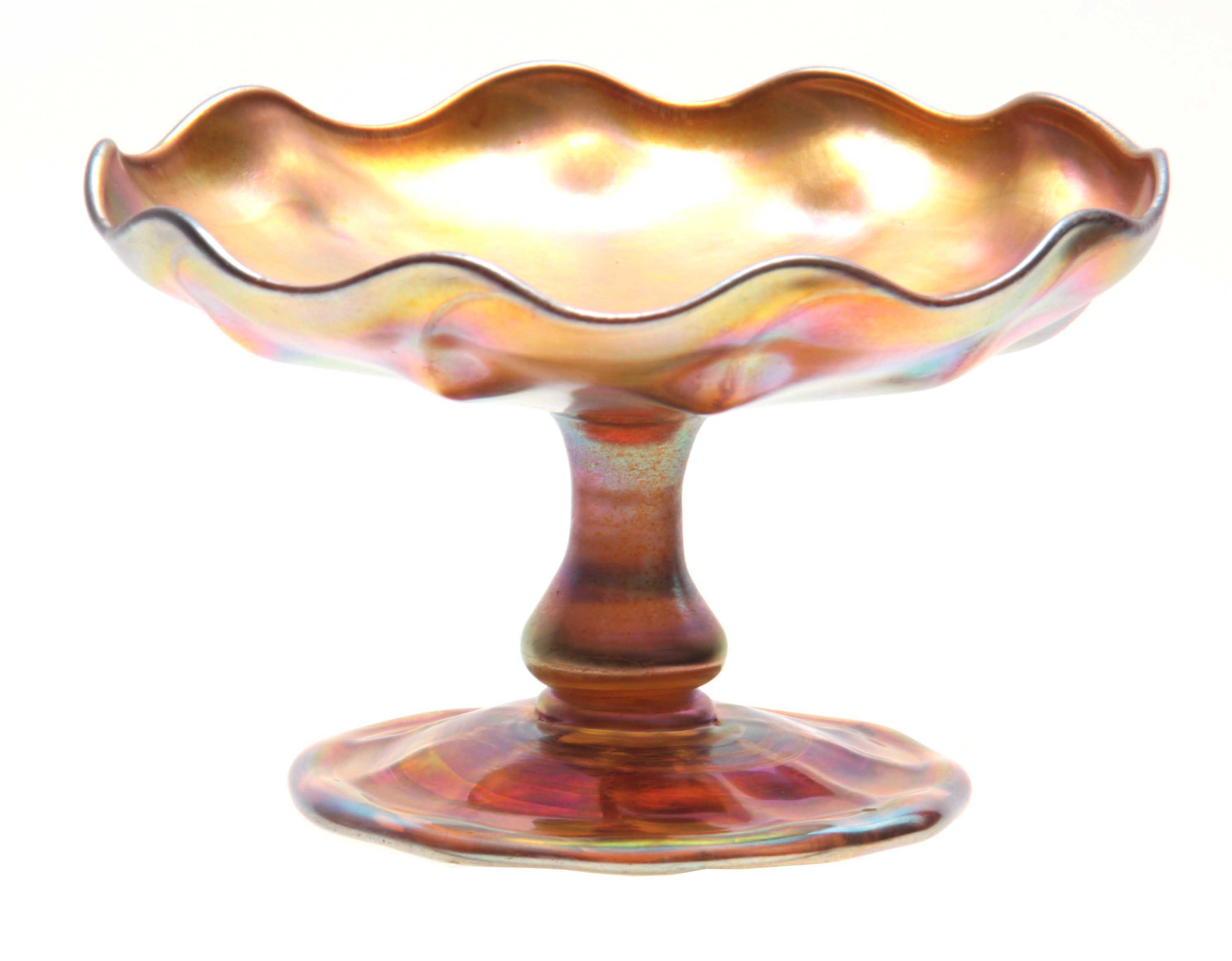 A TIFFANY, FAVRILE IRIDESCENT GLASS FOOTED COMPOTE with baluster stem, panelled foot and bowl with