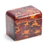 AN EARLY 19TH CENTURY TORTOISESHELL TEA CADDY with rounded corners having ivory and silver wire