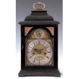 GEORGE GORDON, LONDON. A SMALL EARLY 18TH CENTURY EBONISED BRACKET CLOCK the case with inverted bell