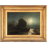 A 19th CENTURY OIL ON CANVAS. European moonlit port scene 59cm high, 83cm wide - in gilt mouled