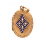 A 15CT GOLD OVAL LOCKET INLAID WITH ENAMEL AND PEARL DECORATION engraved and initialled to the