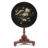 A 19TH CENTURY GILLOWS STYLE TILT TOP TABLE WITH FLORAL LACQUERED TOP AND ROSEWOOD BASE decorated