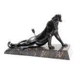 LOUIS - ALBERT CARVIN (1875-1951). A STYLISH ART DECO BRONZE SCULPTURE OF A WOUNDED PANTHER