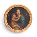 A LATE 19TH CENTURY OIL ON BOARD PRE RAPHAELITE STYLE PORTRAIT OF MADONNA AND CHILD mounted in a
