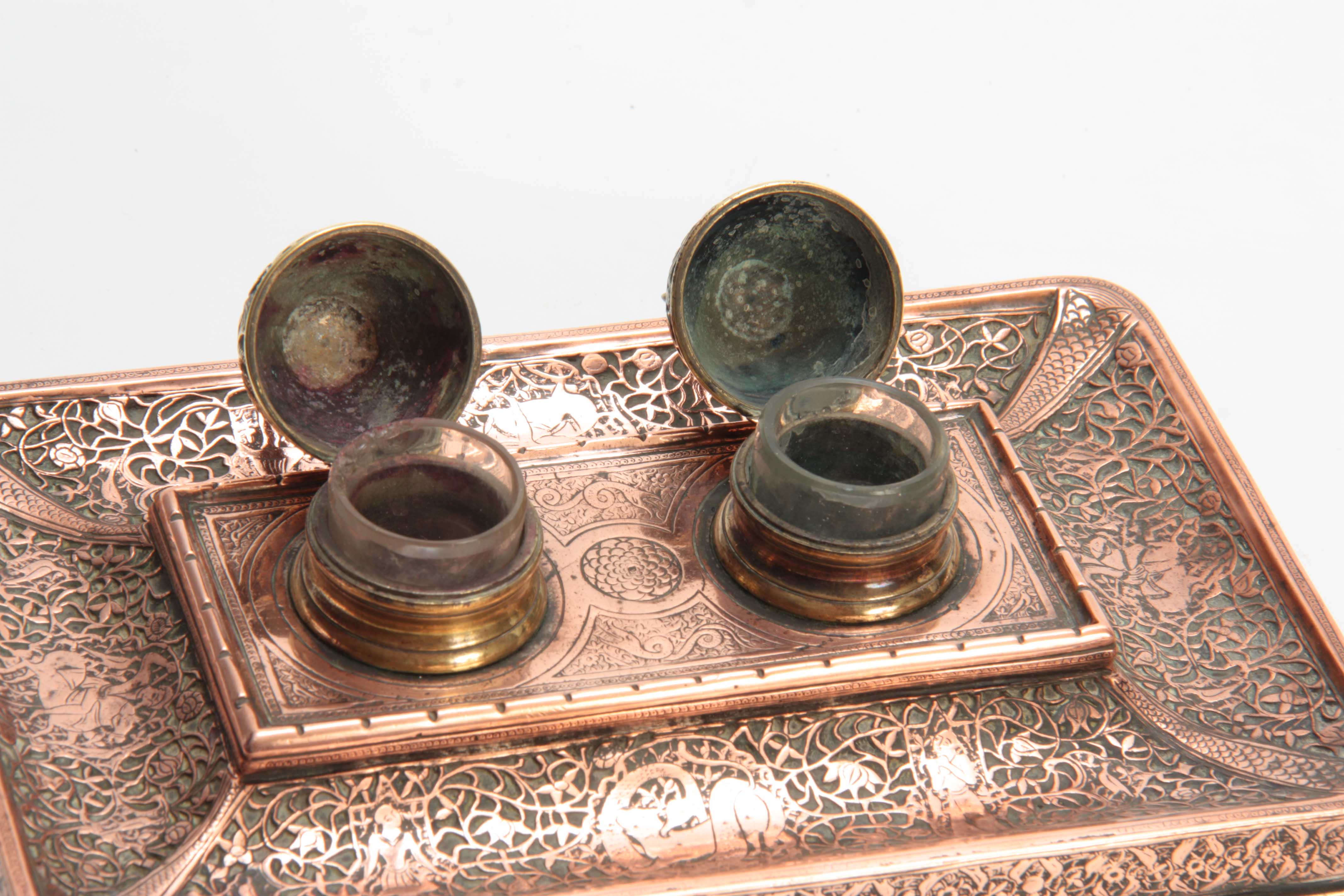 A 19TH CENTURY COPPER AND BRASS PERSIAN STYLE INK STAND with dome-shaped lids and Turkish moons - Image 4 of 5