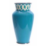 AN EARLY 20TH CENTURY JAPANESE TURQUOISE ENAMELLED AND SILVER MOUNTED SHOULDERED TAPERING VASE