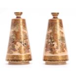 A FINE PAIR OF JAPANESE MEIJI PERIOD SATSUMA TAPPERING VASES by Koshida decorated with figure panels