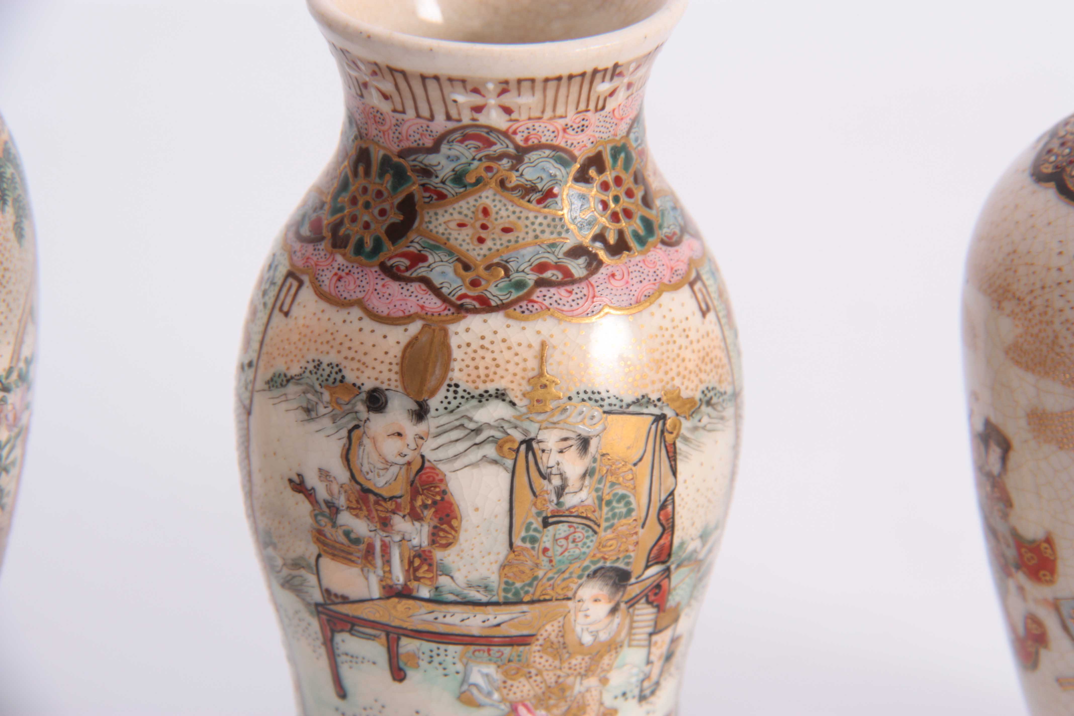 A GROUP OF THREE SMALL SATSUMA CABINET VASES with figures in a continuous landscape scene enclosed - Image 6 of 9