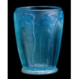 R.LALIQUE, FRANCE A 20TH CENTURY OPALESCENT AND BLUE STAINED DANAIDES VASE decorated with nude water