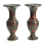 A PAIR OF 18TH/19TH CENTURY LARGE CHINESE CLOISONNE VASES of footed baluster form with flared