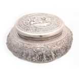 A 19TH CENTURY PERSIAN SILVER JAR AND COVER decorated with oriental scenes and geometric designs