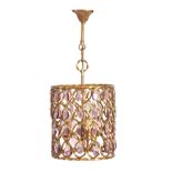 A 20TH CENTURY CIRCULAR HANGING GILT BRASS HALL LANTERN with twisted frame enclosing pale purple