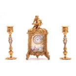 A FINE LATE 19TH CENTURY FRENCH ORMOLU AND LIMOGES ENAMEL CASED THREE-PIECE CLOCK GARNITURE of
