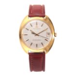 A 1970's JAEGER-LECOULTRE MASTER-QUARTZ WRIST WATCH on leather strap, the gold plated case enclosing