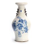 A 19TH CENTURY CHINESE CRACKLE GLAZED VASE with relief decorated blue & white figures to the front