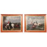 A PAIR OF 19TH CENTURY OIL ON BOARDS depicting hunting scenes - mounted in moulded birds eye maple