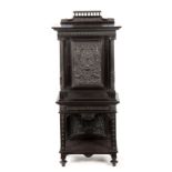 AN UNUSUAL 19TH CENTURY FRENCH EBONISED COLLECTORS CABINET with finely carved columns and hinged