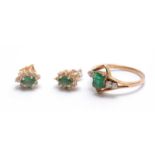 AN 18CT GOLD RING AND EARRINGS SET WITH DIAMONDS AND EMERALDS - tested 18ct gold