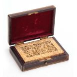 A 19TH CENTURY CHINESE CARVED IVORY CARD CASE IN ORIGINAL LACQUER BOX, both sides carved in great