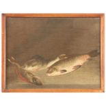AN EARLY 19th CENTURY EMBROIDERED CATCH OF THE DAY with trout and perch 36.5cm high, 48cm wide -