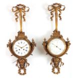 A LATE 19th CENTURY FRENCH ORMOLU WALL CLOCK BAROMETER SET the clock with gilt bronze case