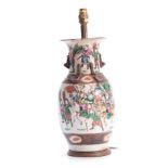 A 20TH CENTURY CHINESE CRACKLE GLAZED VASE converted to a lamp, decorated with coloured figures