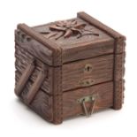 A SWISS CARVED BLACK FOREST JEWELLERY BOX titled GRINDELWALD with lined double hinged back drawers