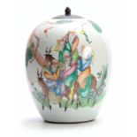 AN 18TH CENTURY CHINESE BULBOUS GINGER JAR standing on a hardwood base and lid, decorated to the