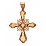 A 19TH CENTURY 14CT GOLD AND CITRINE CROSS PENDANT the diamond-shaped stones joined by filigree