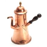 A LATE GEORGIAN LARGE COPPER COFFEE POT of seamed skirted form with shaped spout and hinged domed