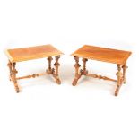 A PAIR OF MINIATURE WALNUT OCCASIONAL TABLES IN THE MANNER OF HOLLAND & SONS with moulded edge tops