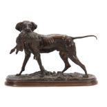 AFTER PIERRE JULES MENE. AN EARLY 20th CENTURY PATINATED BRONZE SCULPTURE modelled as a gun dog