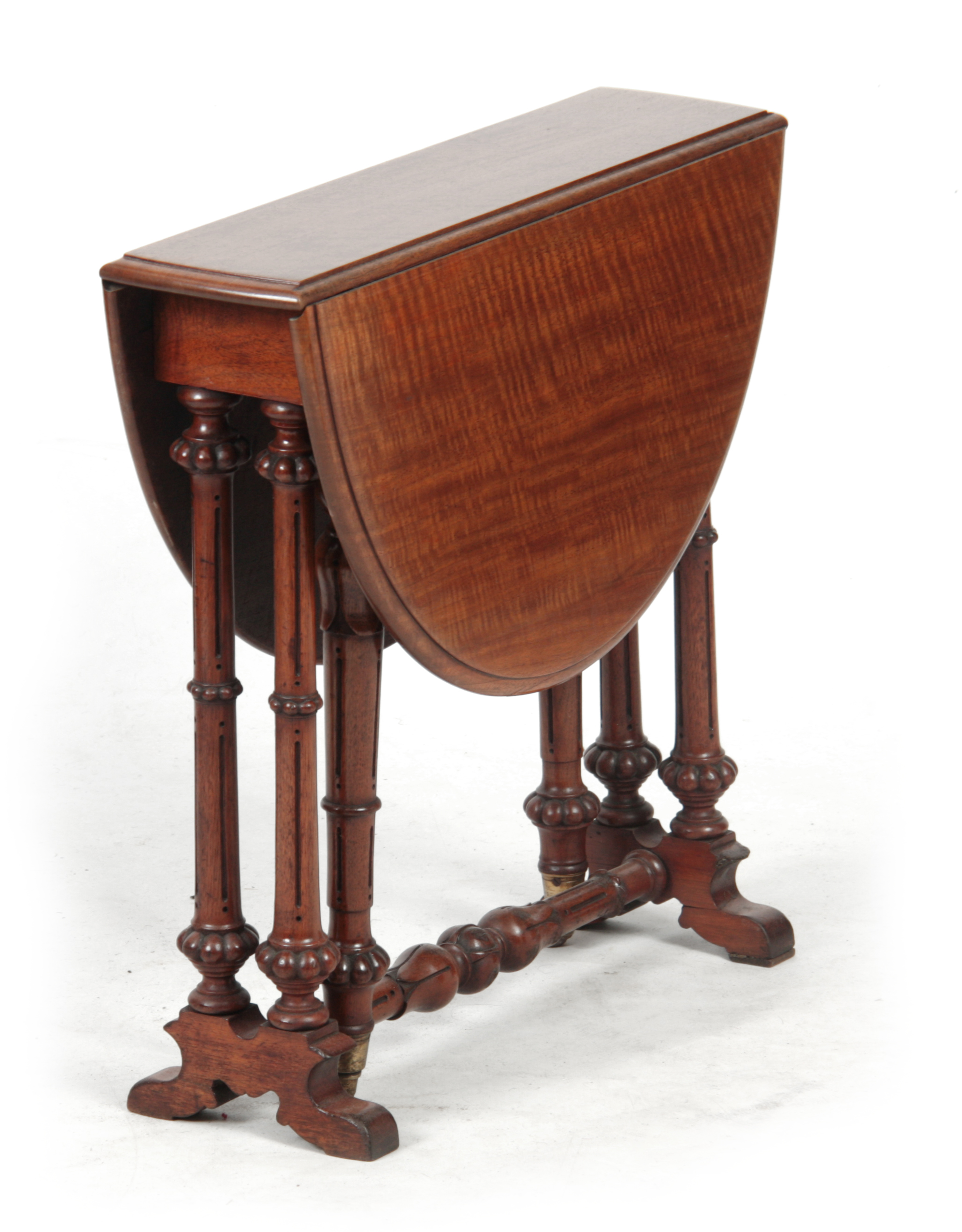 A 19TH CENTURY WALNUT MINIATURE SUTHERLAND TABLE with moulded edge oval top above a turned base with